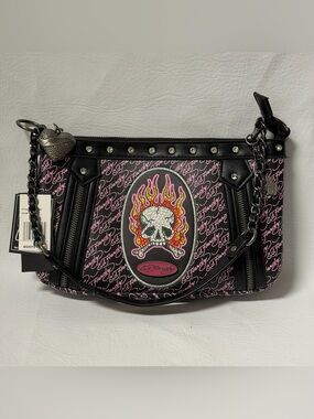 NWT Ed Hardy Handbag Black Pink Flaming Skull Rhinestone Studded Shoulder Bag